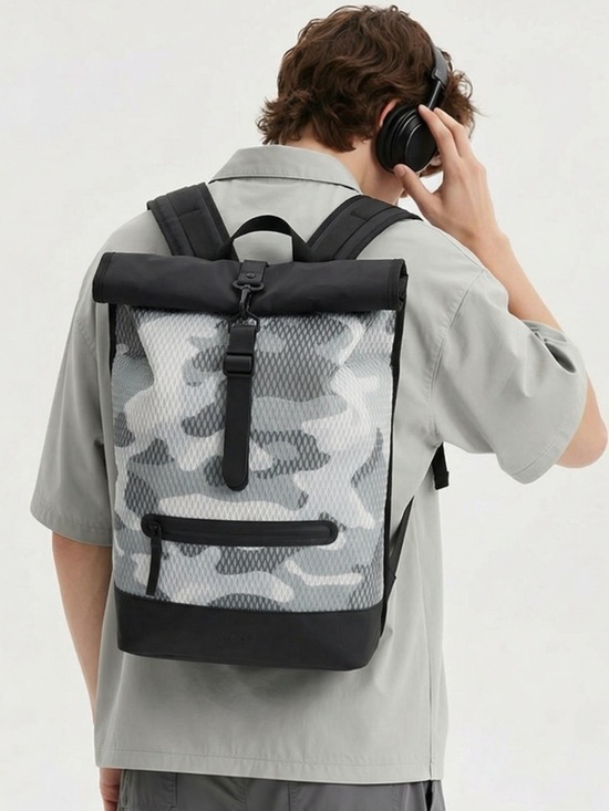 NWT RAINS Rolltop Rucksack Mesh Backpack Camo Gray/Black Waterproof